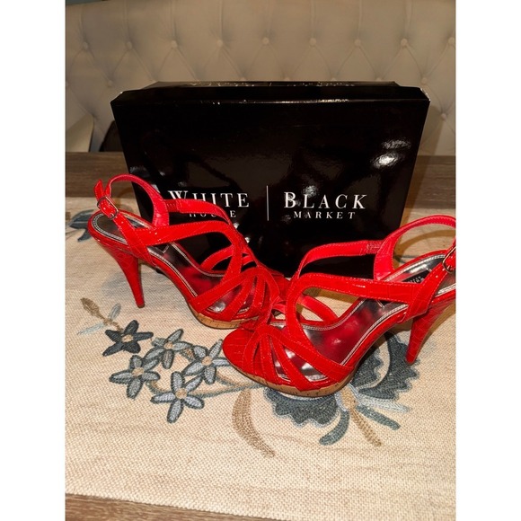 White House Black Market Red Heels Sandals Strappy Cork Platform Size 7 - Picture 6 of 9